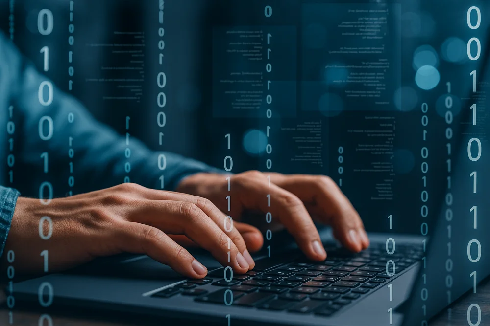 Крупний план рук програміста на клавіатурі ноутбука з візуалізацією коду й бінарних чисел
