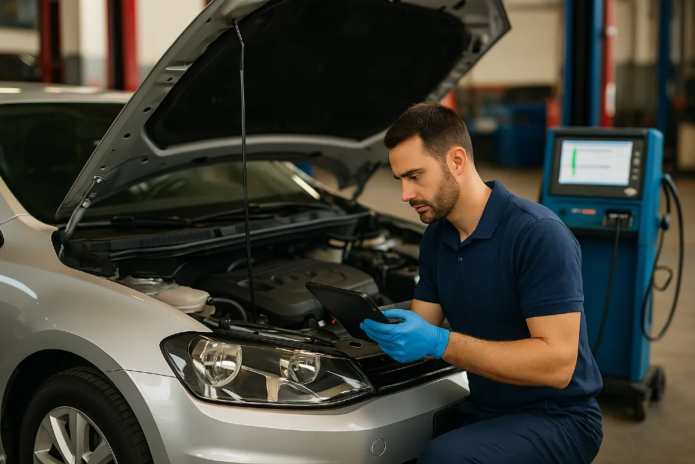 Механік проводить техогляд автомобіля з діагностикою у сервісному центрі