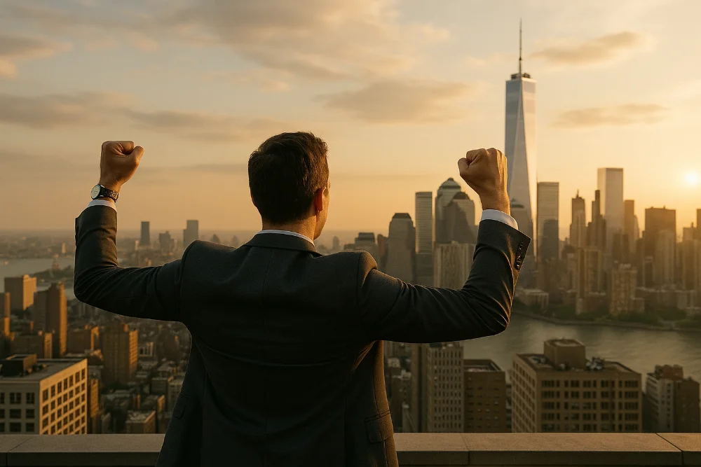 Бізнесмен у костюмі стоїть на даху хмарочоса, піднявши руки над містом у променях заходу сонця