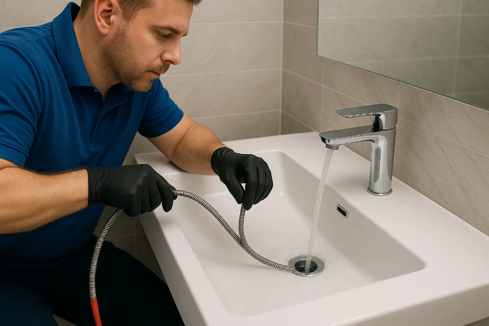 Сантехнік прочищає засмічення у сучасному умивальнику зі змішувачем