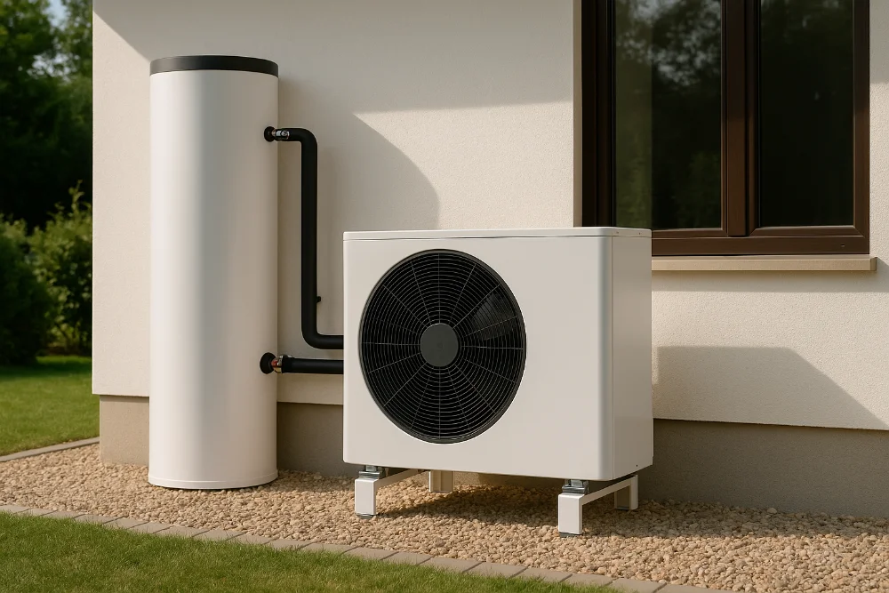 Зовнішній тепловий насос поруч із сучасним будинком у денному освітленні