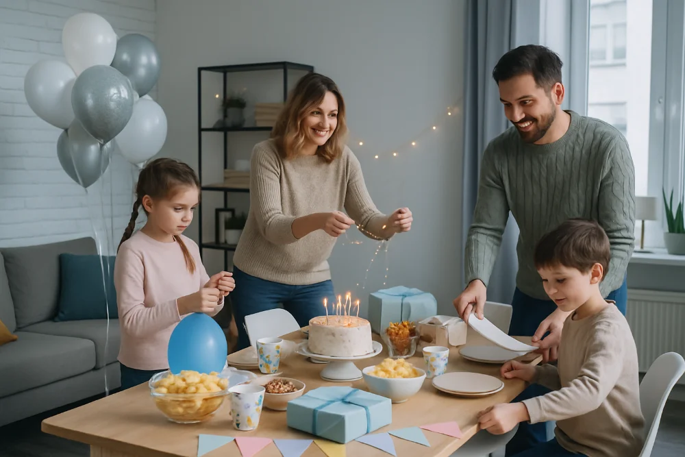 Родина готує святковий стіл із тортом, подарунками та декором у світлій вітальні