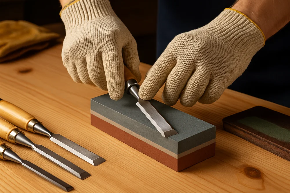 Майстер у рукавицях заточує стамеску на абразивному камені на верстаку