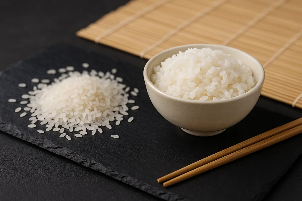 Готовий рис для суші в мисці та сирі зерна поруч на сланцевій дошці