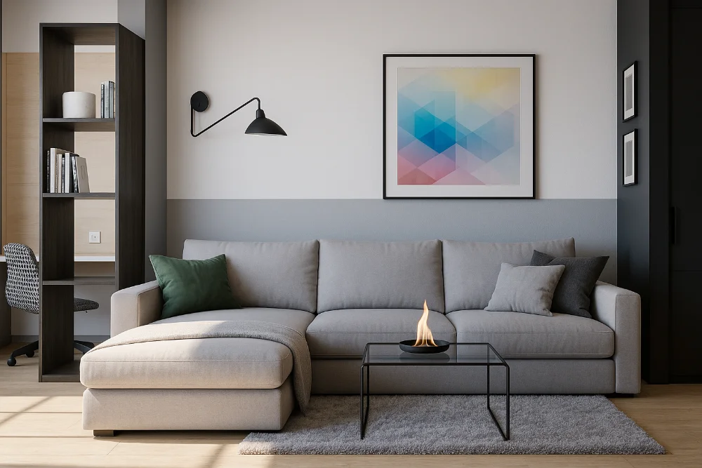 Світла кімната з кутовим диваном, журнальним столиком та настінним декором