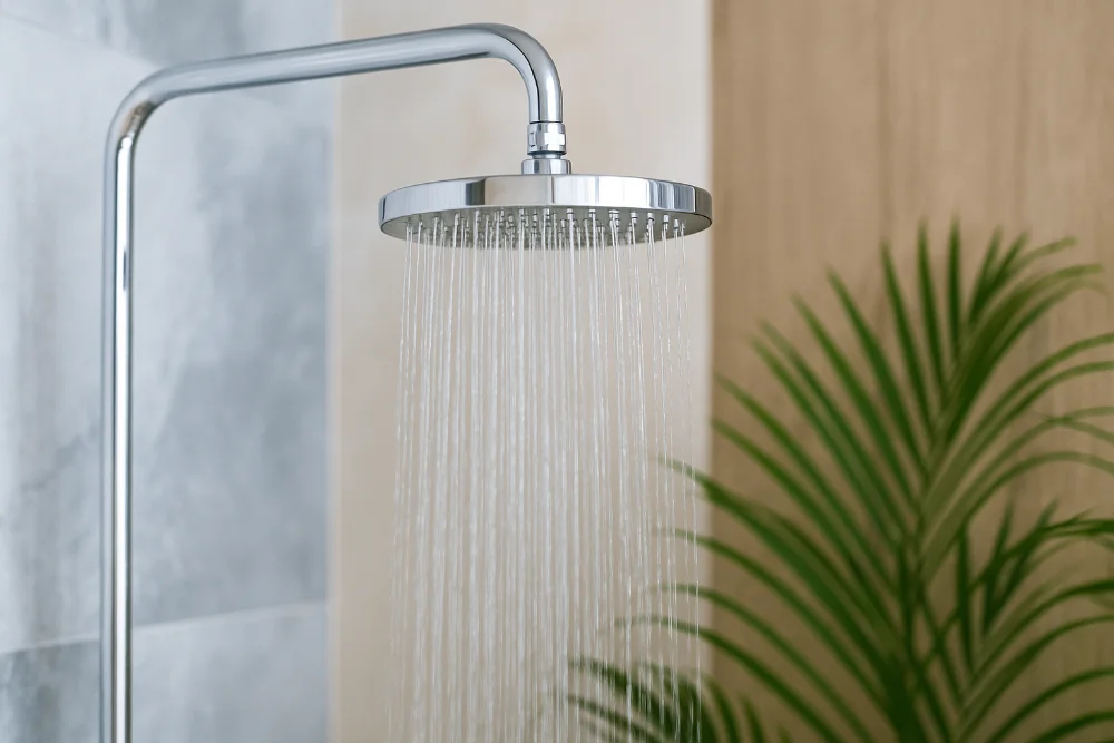 Хромований душ із рівним потоком води на фоні мармурових плит та зеленої рослини