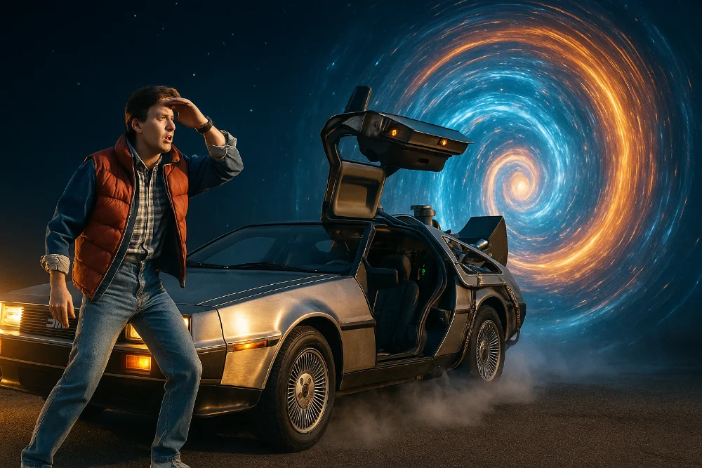 Сцена з культового фільму про подорожі у часі з машиною часу DeLorean і яскравим порталом