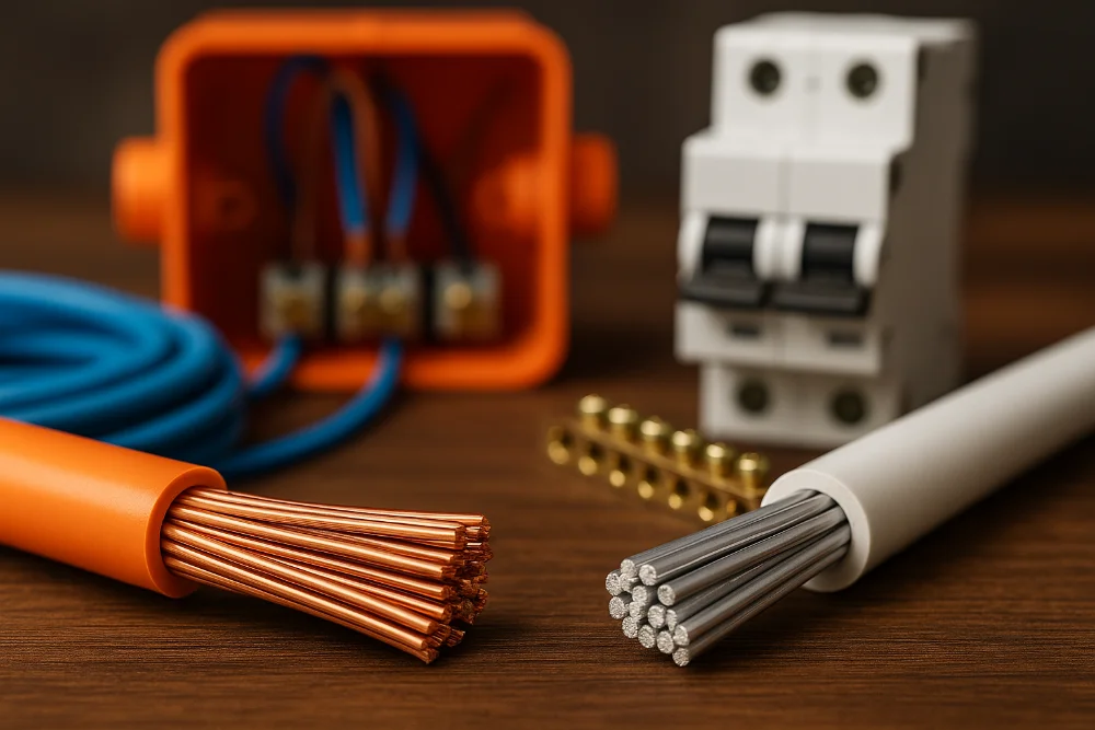 Візуалізація мідного та алюмінієвого кабелю поруч із електричними комплектуючими