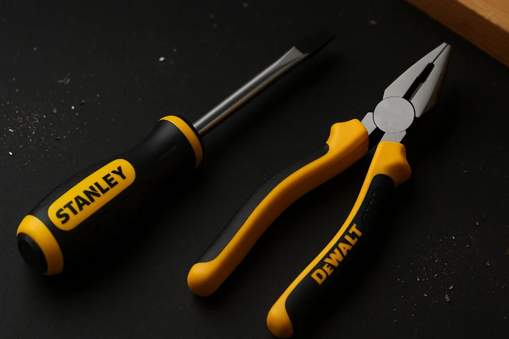 Два інструменти Stanley і DeWALT поруч на темному робочому столі для порівняння