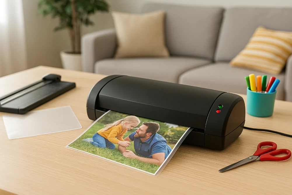 Чорний ламінатор на столі в домашньому інтерʼєрі ламінує сімейне фото
