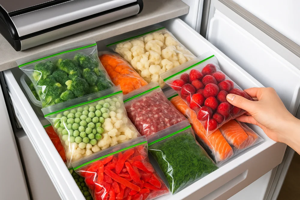 Морозильна шухляда з овочами, ягодами, зеленню, м’ясом і рибою у пакетах