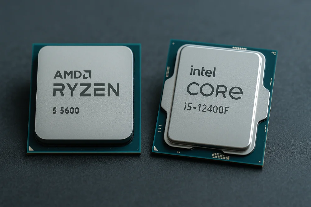 Фотографія процесорів AMD Ryzen 5 5600 та Intel Core i5-12400F у нейтральних тонах