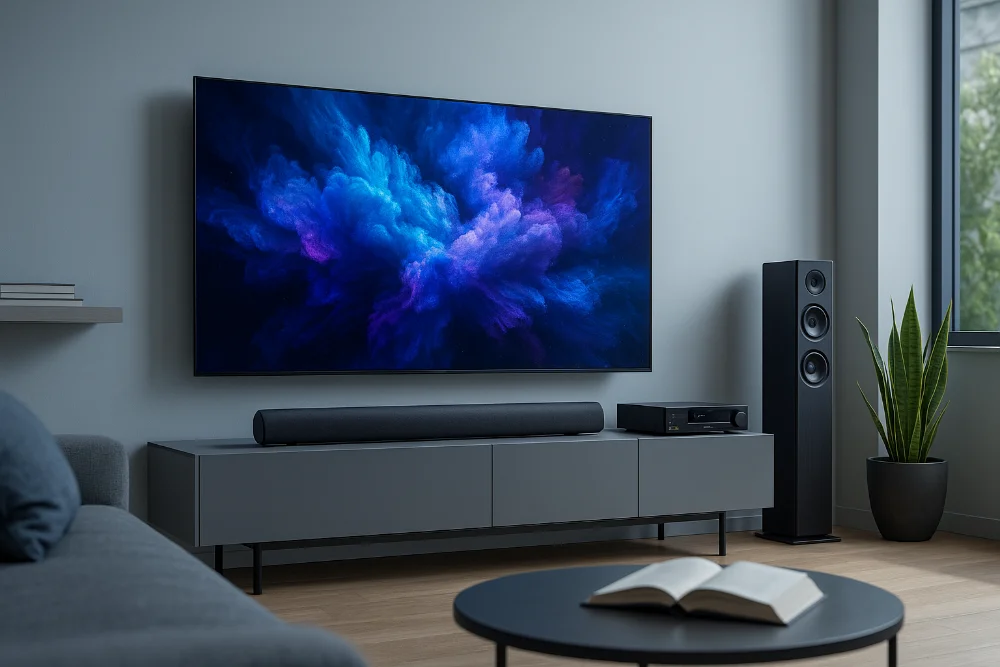Великий телевізор з підтримкою eARC у вітальні з саундбаром і колонками