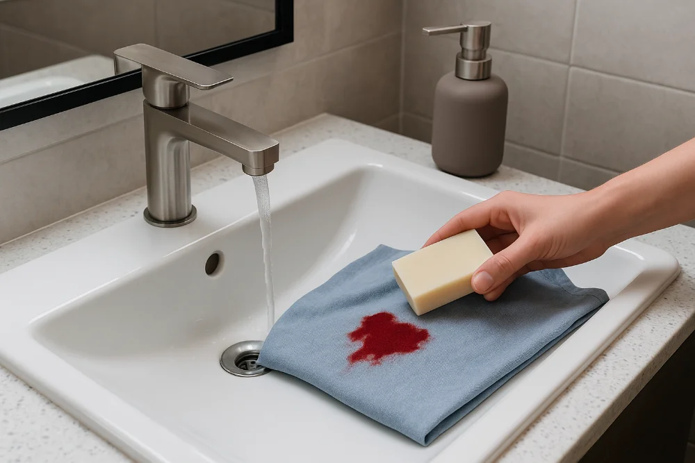 Процес видалення плями від крові з блакитної тканини за допомогою господарського мила та холодної води