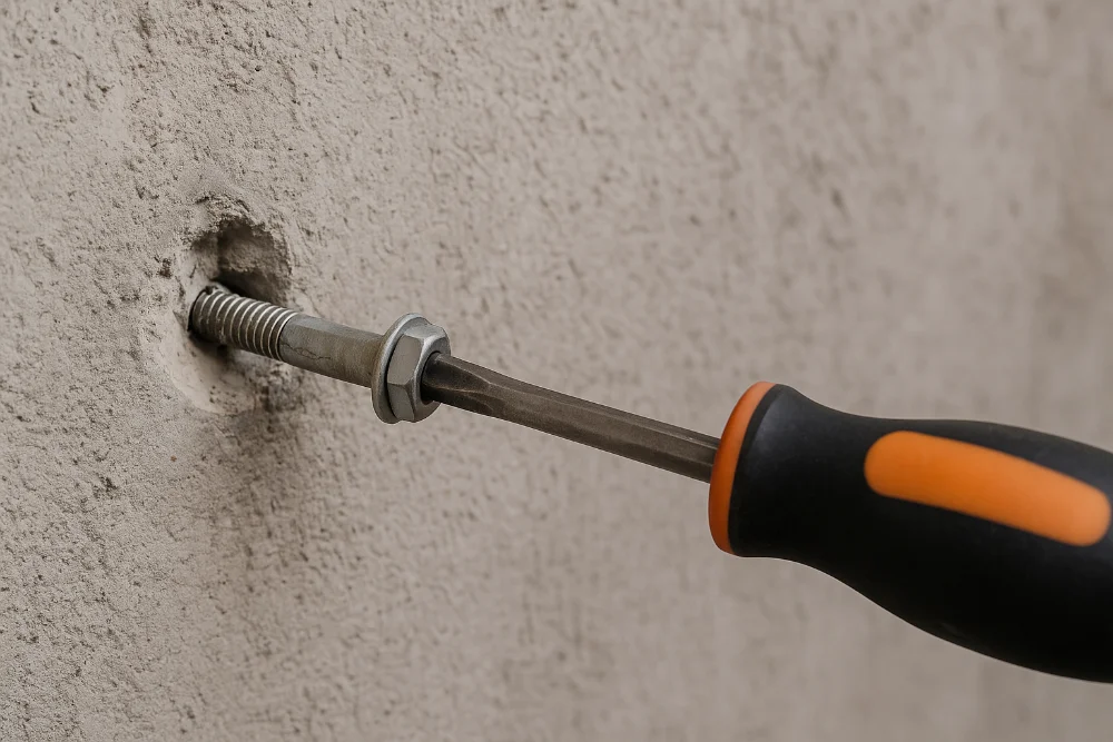 Процес демонтажу анкерного болта з бетонної стіни за допомогою викрутки