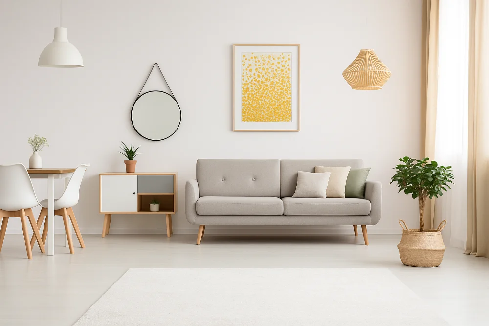 Простора світла вітальня у скандинавському стилі з натуральними акцентами та мінімалістичним декором