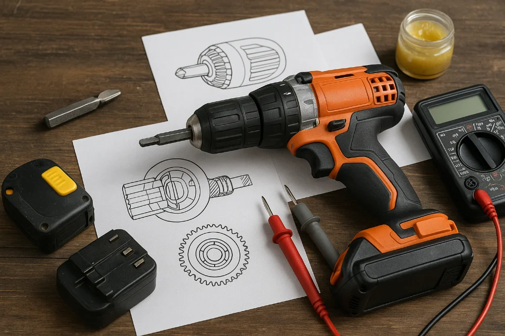Шуруповерт із бітою, кресленнями та інструментами для діагностики проблем