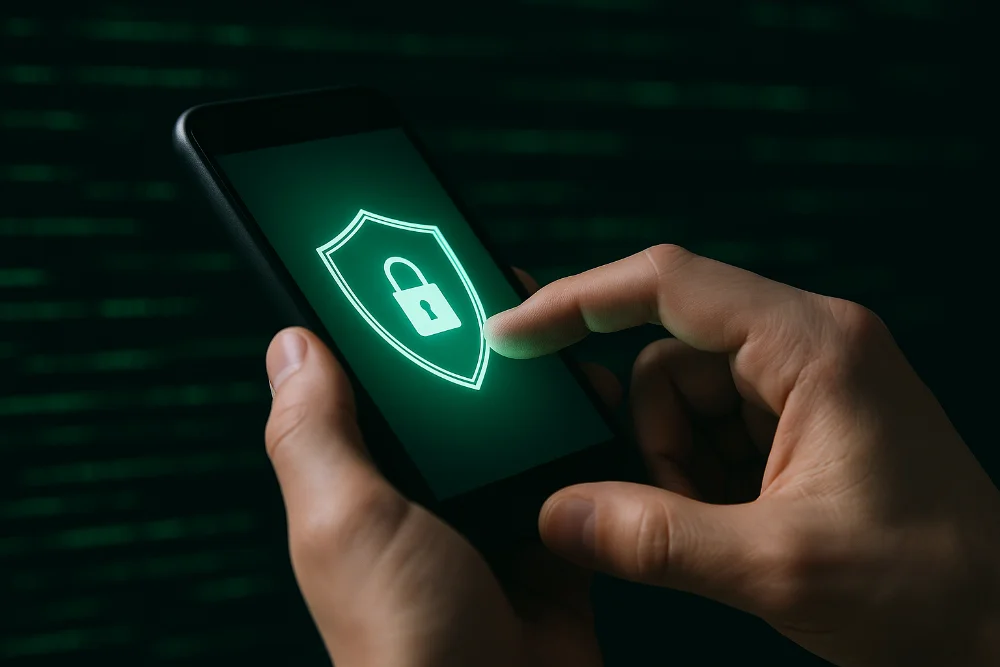 Руками тримають смартфон із зеленим щитом та замком на екрані