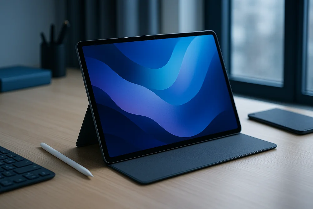 Сучасний планшет із великим екраном на підставці зі стилусом і клавіатурою