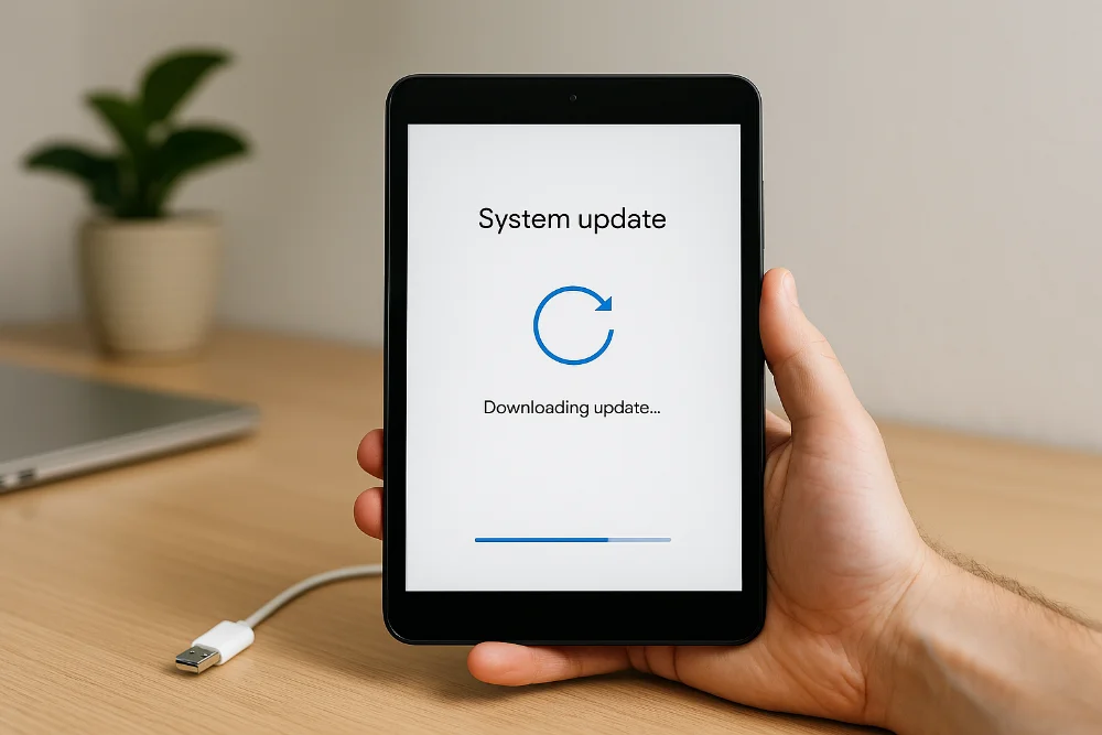 Планшет Android під час оновлення системи на столі з кабелем та ноутбуком