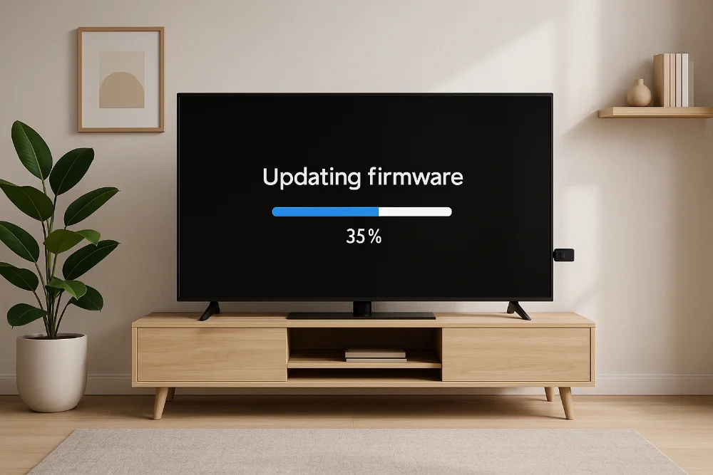 Телевізор у вітальні оновлює прошивку з USB-накопичувача, прогрес 35%