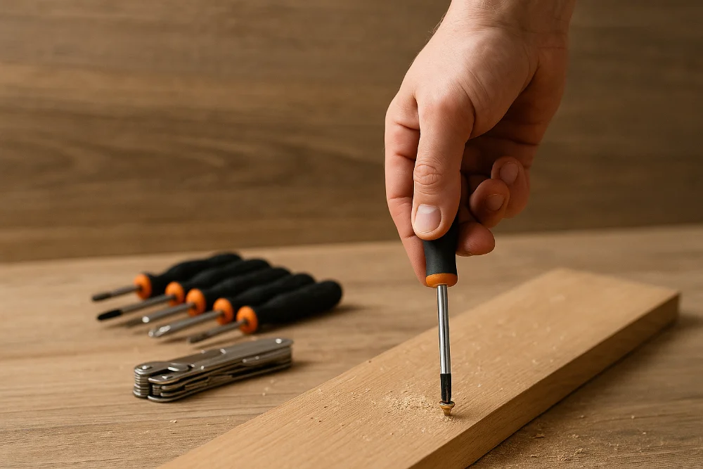 Рука вкручує саморіз у дерев’яну поверхню викруткою серед стружки
