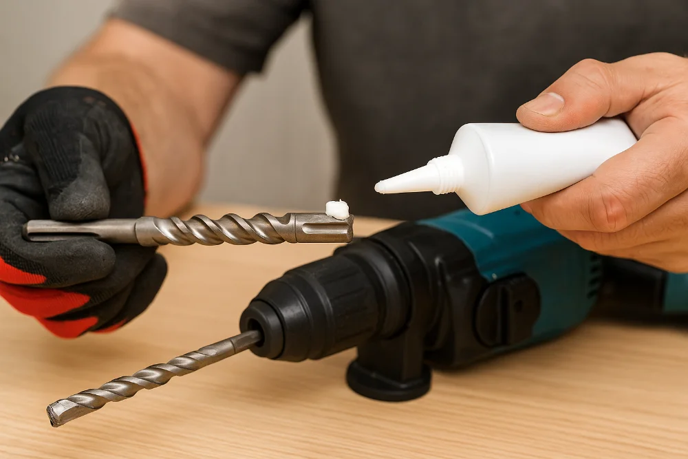 Працівник наносить мастило на бур перед встановленням у перфоратор