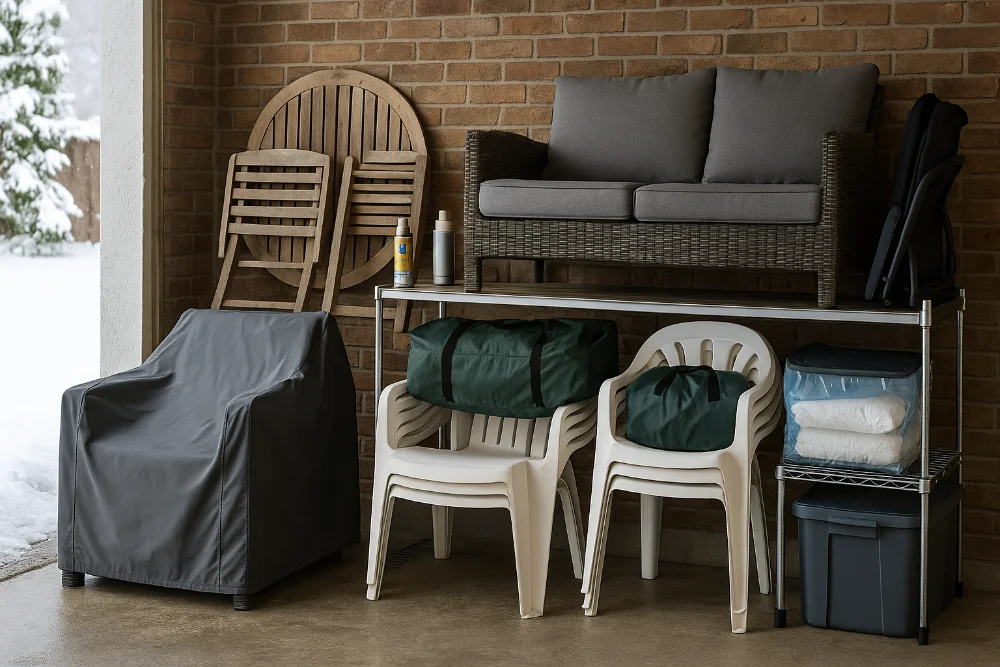 Організоване зберігання садових меблів у гаражі взимку з чохлами та контейнерами