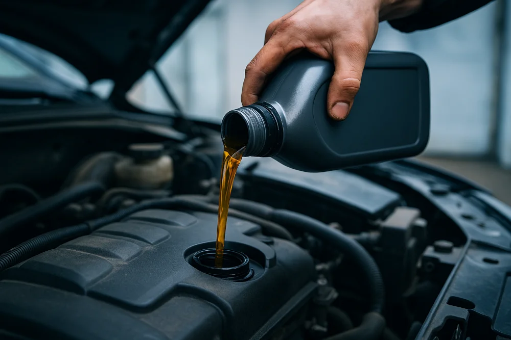 Процес доливання моторної оливи у двигун під відкритим капотом авто