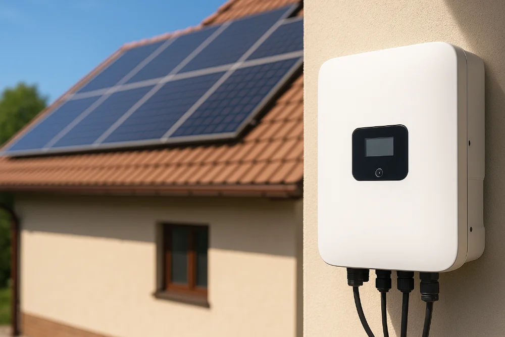 Білий сонячний інвертор на стіні будинку, на задньому плані розмиті панелі