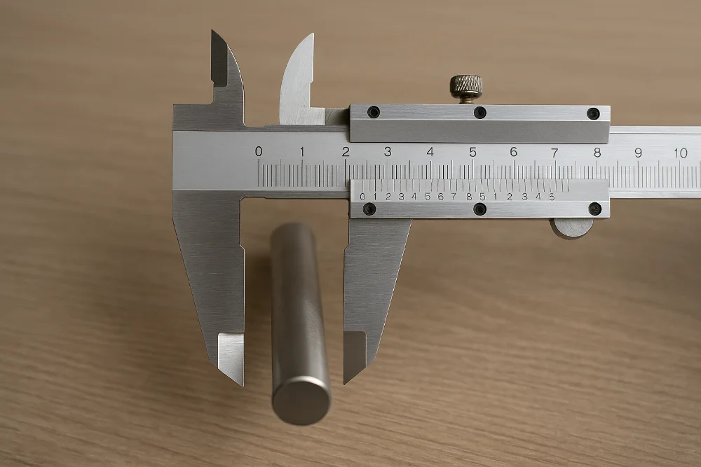 Крупний план штангенциркуля, що вимірює металевий стрижень, на дерев’яній поверхні
