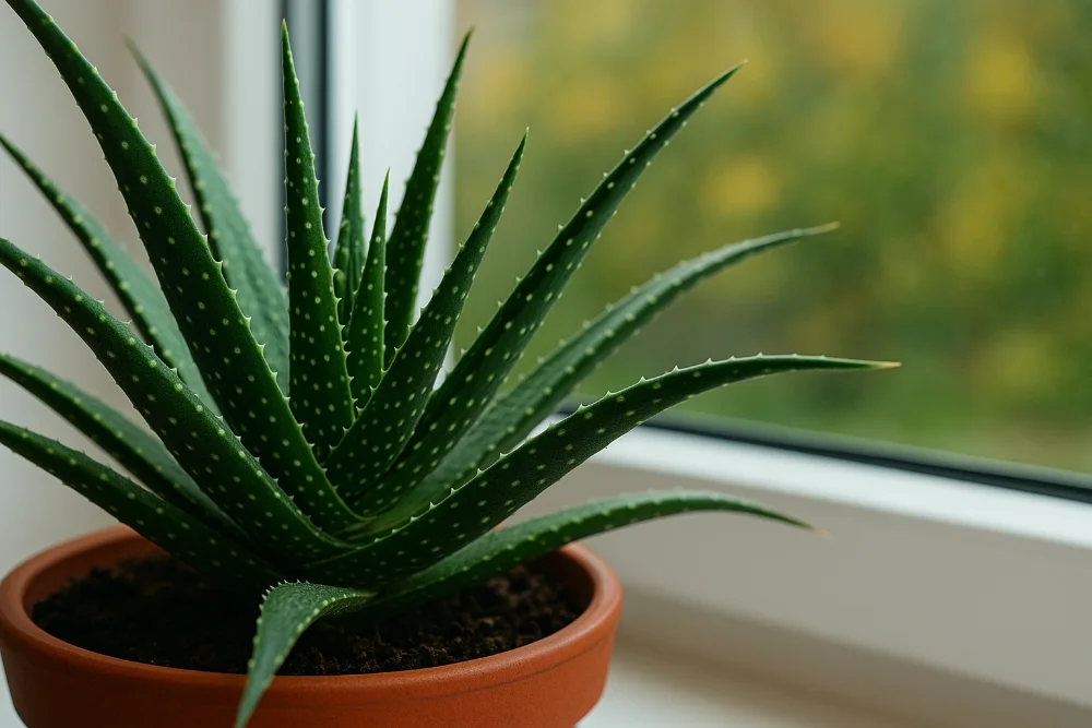Алоє вера в теракотовому горщику на білому підвіконні з видом на сад