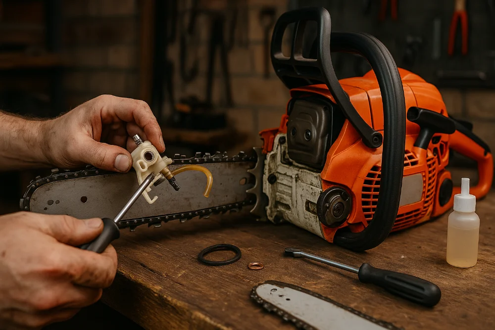 Майстер замінює масляний насос бензопили на робочому столі в майстерні