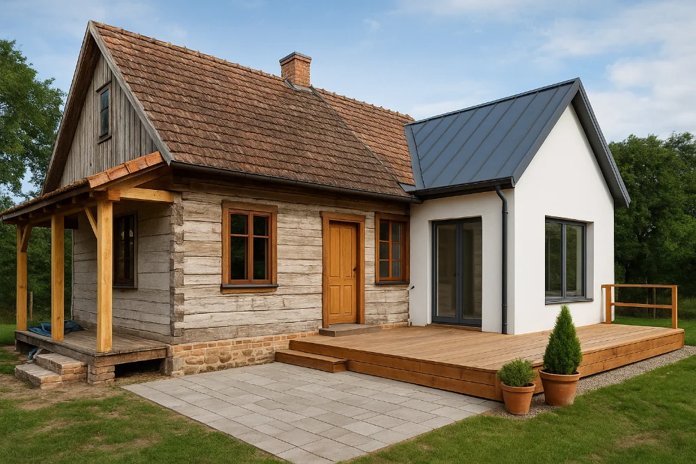 Сільський будинок після реконструкції з новою терасою та оновленим фасадом