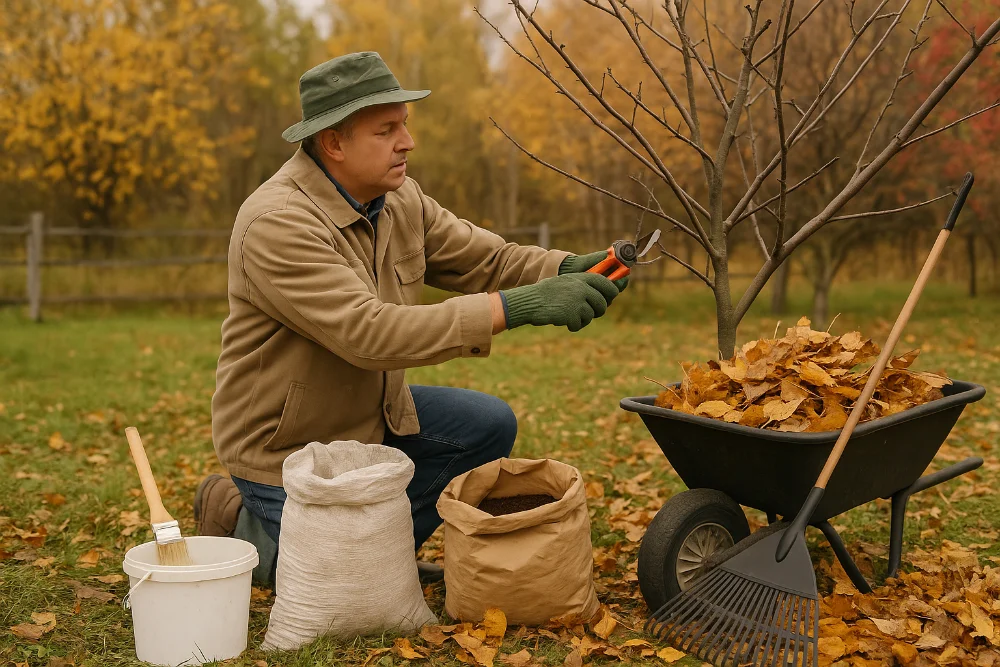 Садівник восени обрізає дерево, поруч мішки з добривом, граблі та тачка з листям