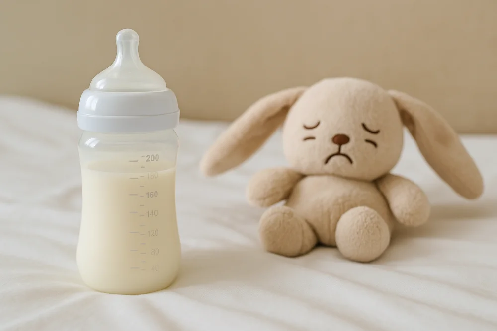 Пляшечка дитячої суміші поруч із сумним плюшевим зайчиком на білому фоні