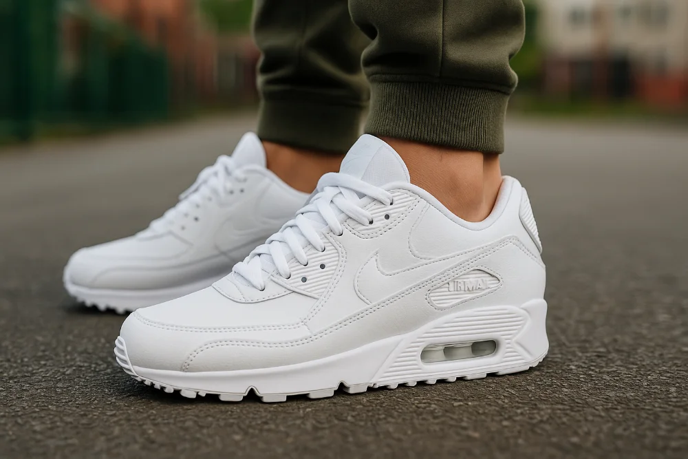Білі кросівки Nike Air Max на ногах людини в оливкових штанах на асфальті