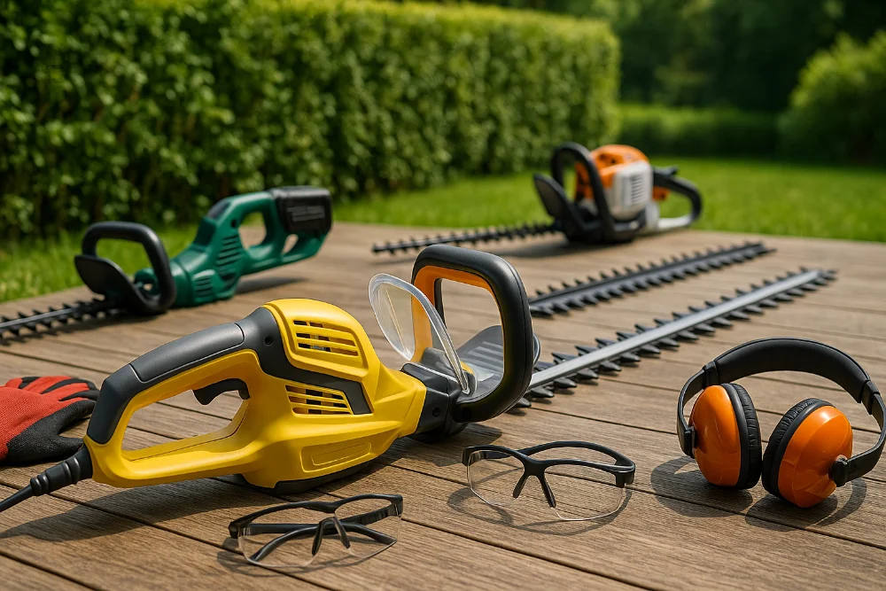 Акумуляторні, електричні та бензинові кущорізи з окулярами, рукавичками і навушниками на подвір’ї