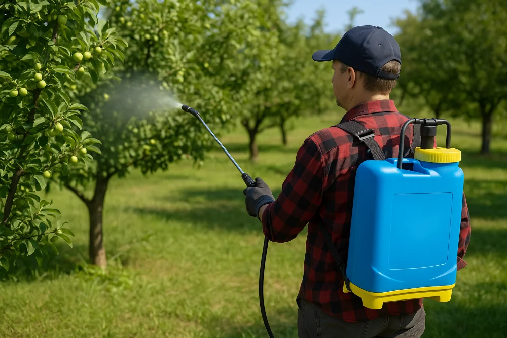 Садівник обробляє яблуню ранцевим обприскувачем у саду