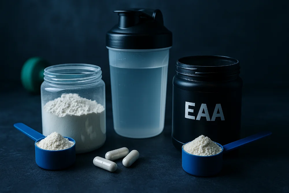 Спортивні добавки BCAA та EAA у порошку і капсулах поруч із шейкером