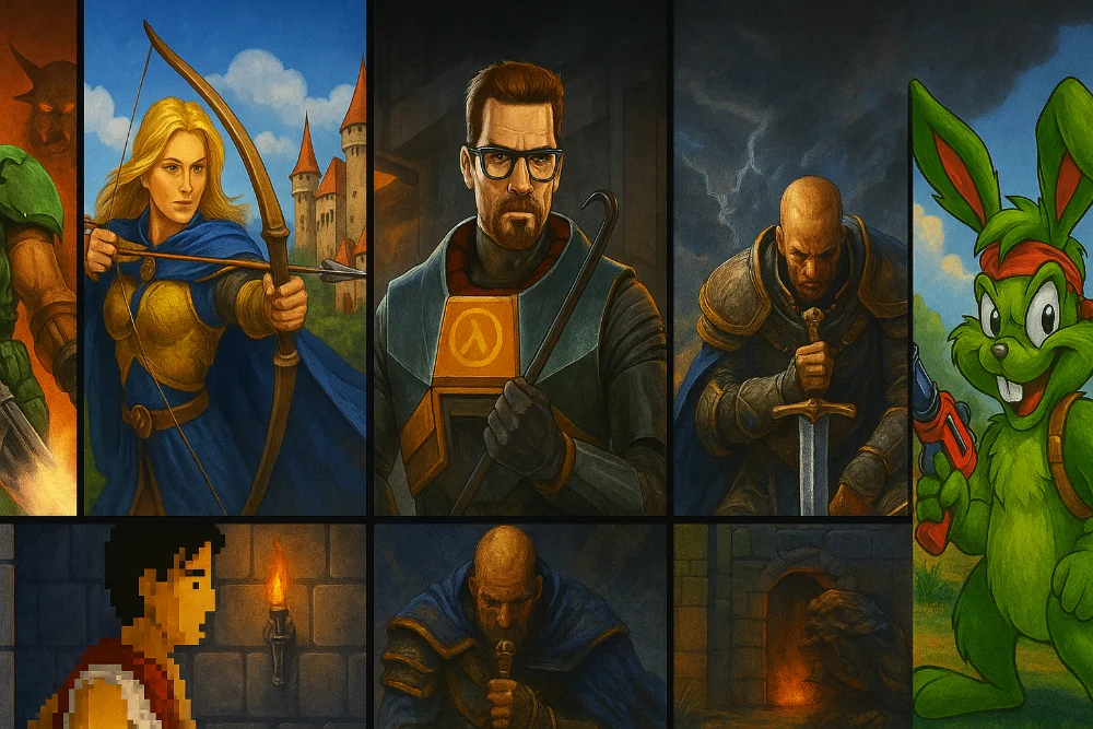 Горизонтальний колаж із персонажами культових ігор 90-х: Doom, Heroes, Half-Life, Prince of Persia, Gothic та Jazz Jackrabbit