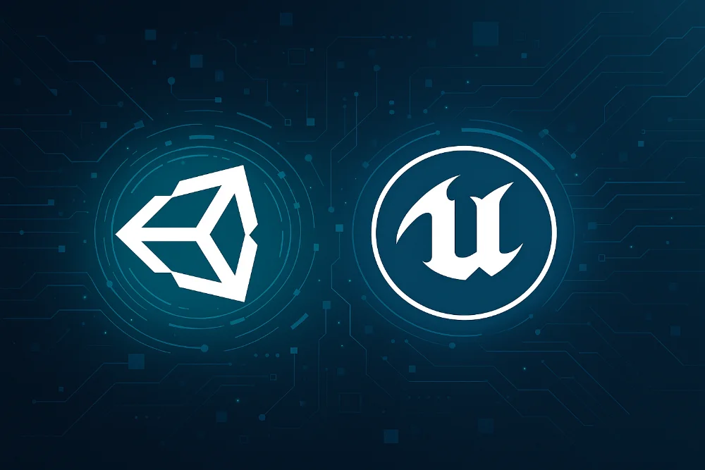 Логотипи Unity і Unreal Engine на широкому технологічному фоні