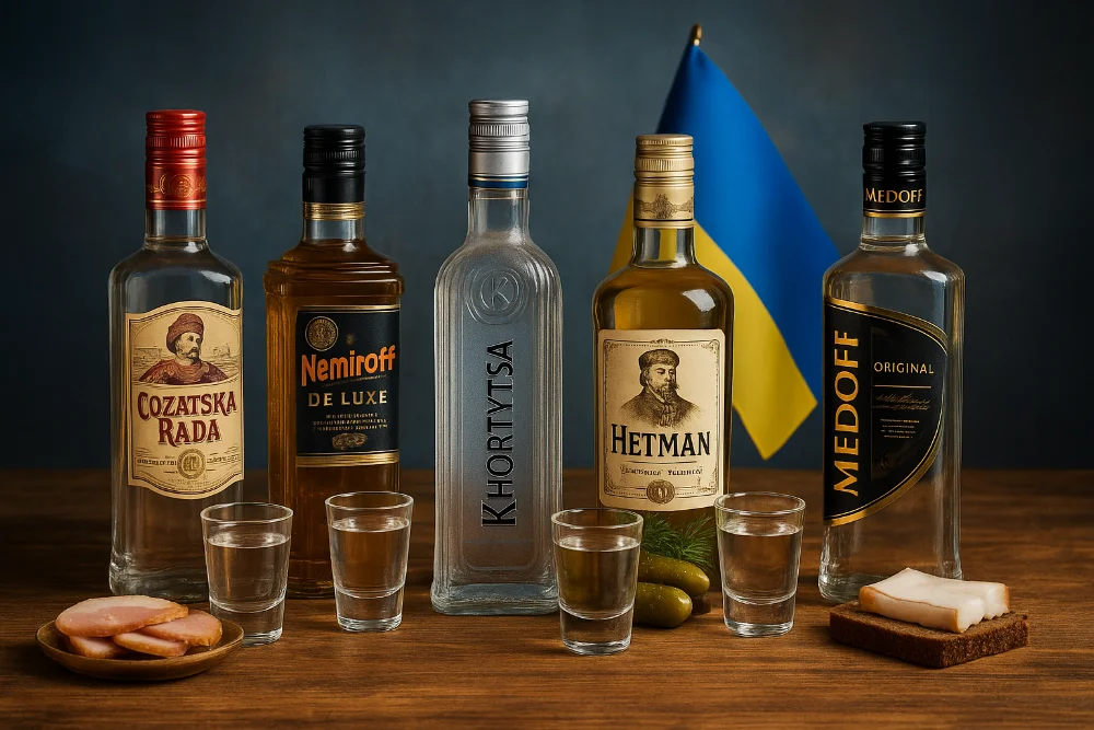 П’ять пляшок української горілки з чарками та закусками на фоні прапора