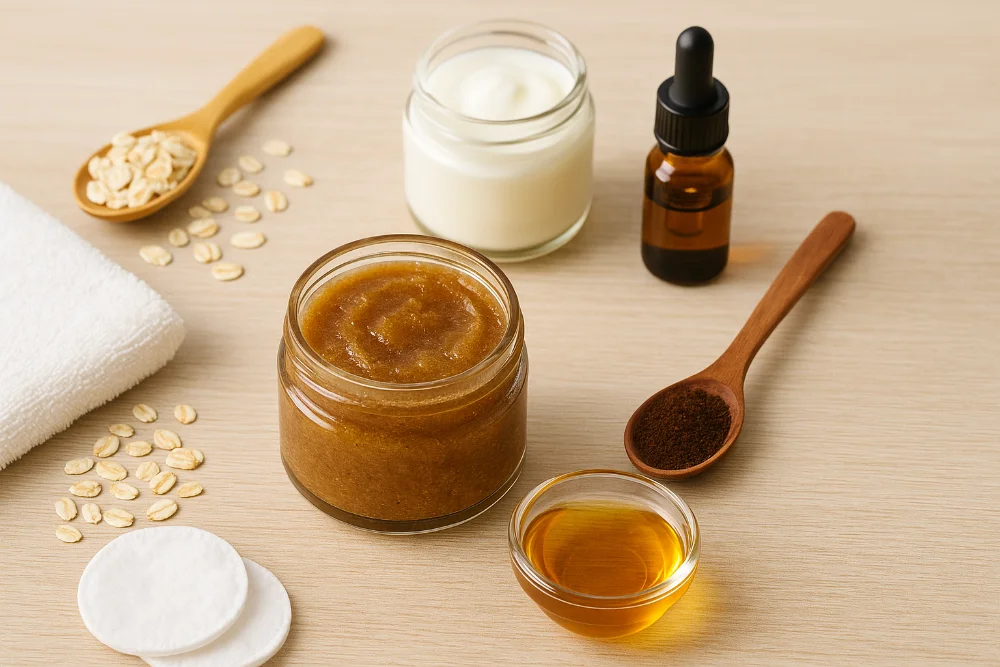 Широкоформатне фото натурального домашнього скрабу для обличчя з інгредієнтами на столі