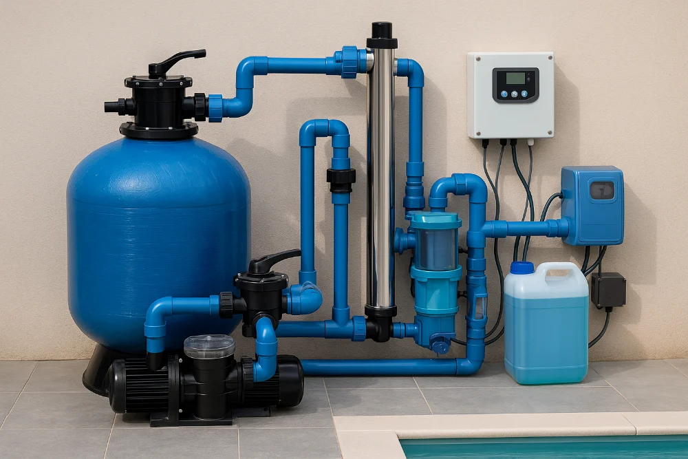 Модерна система водоочищення з піщаним фільтром, УФ стерилізатором і насосом біля басейну
