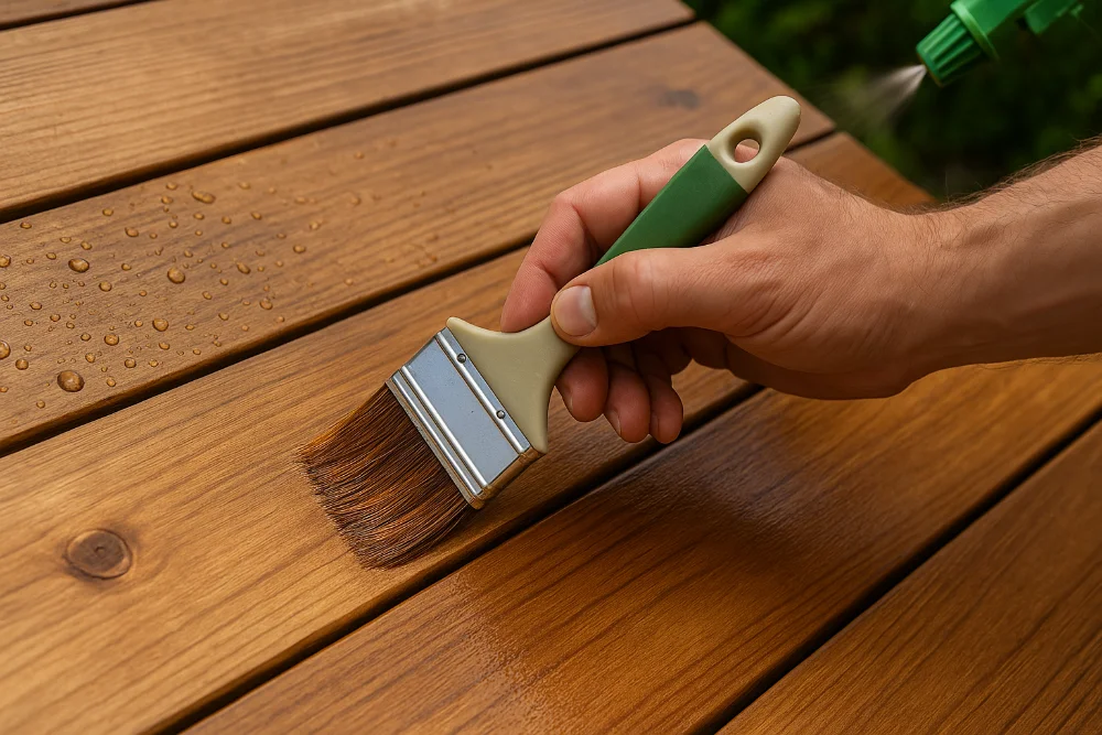 Нанесення водовідштовхувального засобу на дерев’яну поверхню пензлем на відкритому повітрі