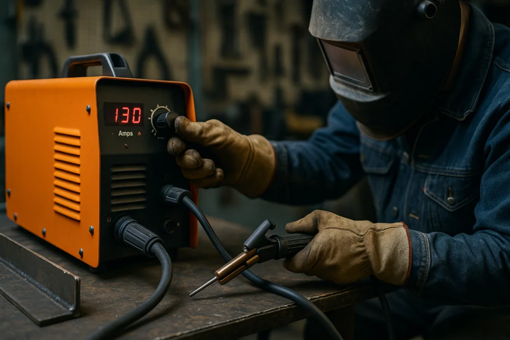 Зварювальник у захисному спорядженні регулює параметри зварювального апарата на робочому столі