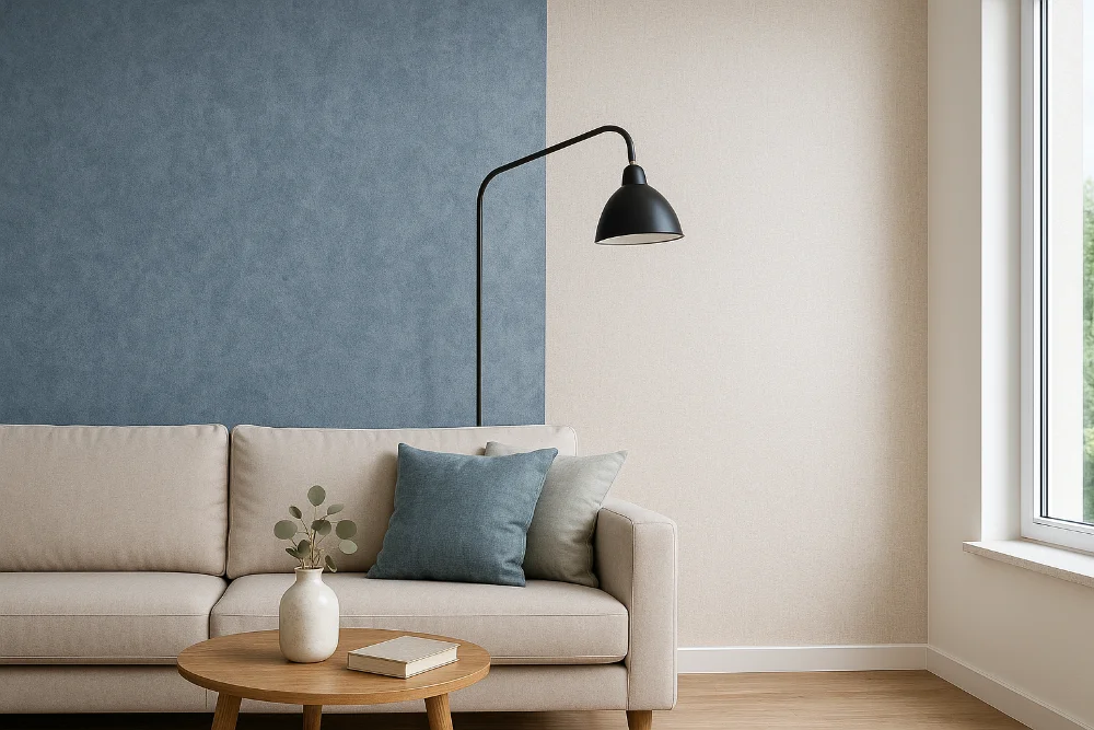 Інтер’єр у холодних тонах з поєднанням синіх вінілових і бежевих флізелінових шпалер