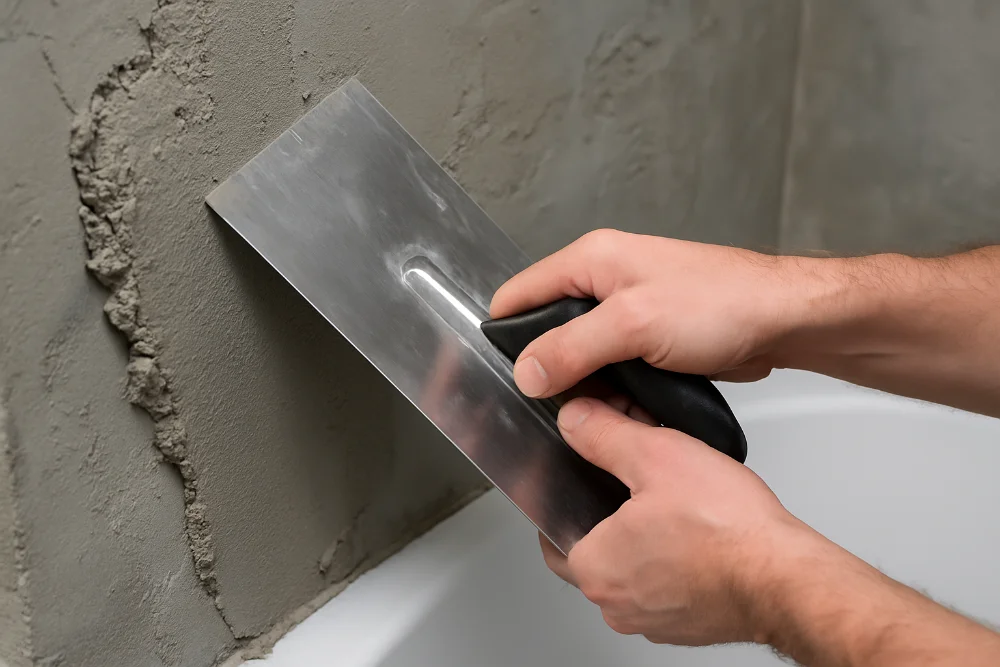 Крупний план рук майстра, які тримають шпатель і наносять цементну штукатурку на стіну поруч із ванною