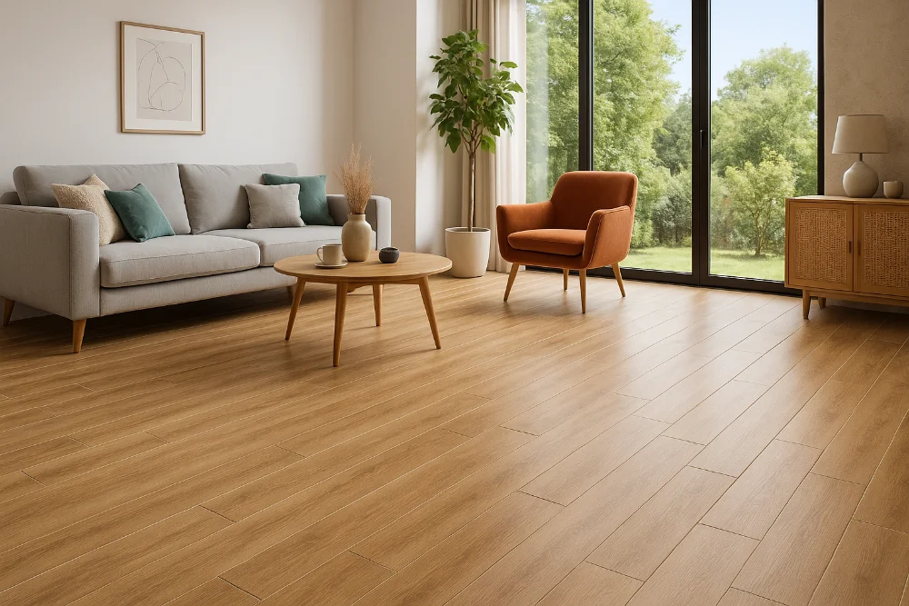 Світла простора вітальня з підлогою з плитки під дерево у денному освітленні